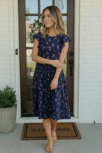 Load image into Gallery viewer, Navy Floral Flutter Sleeve Midi Dress