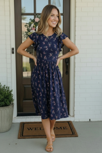 Load image into Gallery viewer, Navy Floral Flutter Sleeve Midi Dress