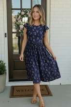 Load image into Gallery viewer, Navy Floral Flutter Sleeve Midi Dress