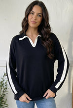 Load image into Gallery viewer, Varsity Vibes Notched Collar Black Top