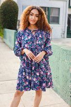 Load image into Gallery viewer, Feeling Joyful Navy Floral Bow Tie Babydoll Long Ruffle Sleeve Dress