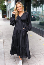 Load image into Gallery viewer, Elegant Black Elastic V Neck Tiered Satin Maxi Dress