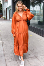 Load image into Gallery viewer, Elegant Rust Elastic V Neck Tiered Satin Maxi Dress