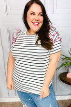 Load image into Gallery viewer, Get To It Ivory & Pink Merrow Stitch Ruffle Sleeve Stripe Top