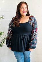 Load image into Gallery viewer, Charming Black Square Neck Border Print Bubble Sleeve Top