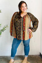 Load image into Gallery viewer, Weekend Ready Black & Rust Paisley Raglan Keyhole Tie Top