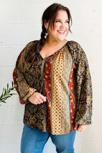 Load image into Gallery viewer, Weekend Ready Black & Rust Paisley Raglan Keyhole Tie Top