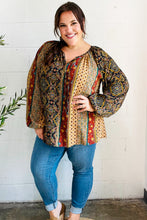 Load image into Gallery viewer, Weekend Ready Black & Rust Paisley Raglan Keyhole Tie Top