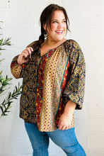 Load image into Gallery viewer, Weekend Ready Black & Rust Paisley Raglan Keyhole Tie Top