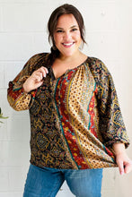 Load image into Gallery viewer, Weekend Ready Black & Rust Paisley Raglan Keyhole Tie Top