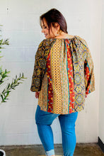 Load image into Gallery viewer, Weekend Ready Black & Rust Paisley Raglan Keyhole Tie Top