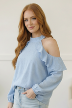 Load image into Gallery viewer, Skies of Serenity Ruffle Swiss Dot Blouse