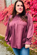 Load image into Gallery viewer, Be Your Best Wine Satin Shirred Yoke Frilled Mock Neck Top