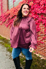 Load image into Gallery viewer, Be Your Best Wine Satin Shirred Yoke Frilled Mock Neck Top