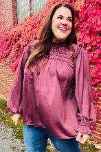 Load image into Gallery viewer, Be Your Best Wine Satin Shirred Yoke Frilled Mock Neck Top