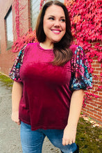 Load image into Gallery viewer, Diva Dreams Wine Floral Sequin Puff Sleeve Velvet Top