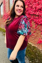 Load image into Gallery viewer, Diva Dreams Wine Floral Sequin Puff Sleeve Velvet Top