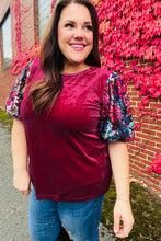 Load image into Gallery viewer, Diva Dreams Wine Floral Sequin Puff Sleeve Velvet Top