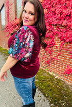 Load image into Gallery viewer, Diva Dreams Wine Floral Sequin Puff Sleeve Velvet Top