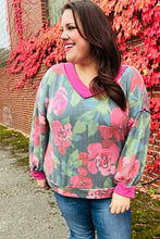 Load image into Gallery viewer, Beautiful You Vintage Teal Floral Print V Neck Hacci Knit Sweater