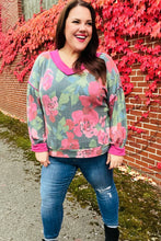 Load image into Gallery viewer, Beautiful You Vintage Teal Floral Print V Neck Hacci Knit Sweater