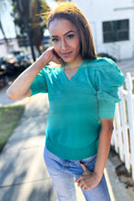 Load image into Gallery viewer, Be Bold Solid Emerald Shirred Puff Sleeve Sweater Top