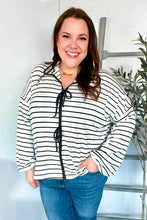 Load image into Gallery viewer, Embrace Joy Black & White Collared Stripe Ribbon Bow Tie Top