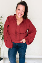 Load image into Gallery viewer, Feeling Femme Off Burgundy Frilled Edge V Neck Tie Top