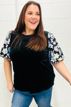 Load image into Gallery viewer, Feeling Glamorous Black Floral Sequin Puff Sleeve Velvet Top