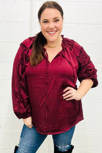 Load image into Gallery viewer, Holiday Vibes Burgundy Frill Detail Tie Neck Satin Top