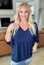 Load image into Gallery viewer, ANDREE BY UNIT- Airflow Peplum Ruffle Sleeve Top in Navy