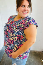 Load image into Gallery viewer, Navy Floral Print Frilled Short Sleeve Yoke Top