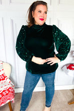Load image into Gallery viewer, Under the Lights Green Velvet & Sequin Frill Mock Neck Top