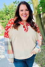 Load image into Gallery viewer, Feeling Femme Oatmeal Plaid Floral Color Block Notch Neck Top