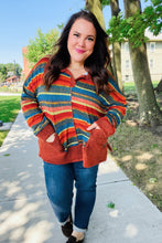Load image into Gallery viewer, Casual Living Rust & Teal Striped Two Tone Knit Pocketed Top