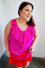Load image into Gallery viewer, Fuchsia Ruffle V Neck Crepe Tiered Midi Dress