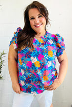 Load image into Gallery viewer, All For You Aqua Tropical Print Frill Notch Neck Puff Sleeve Top
