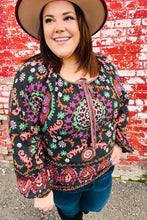 Load image into Gallery viewer, Take The Leap Black & Mauve Border Print Boho Tie Top