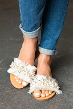 Load image into Gallery viewer, Ivory Linen Fray Beaded Faux Pearl Slide Sandal