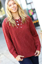 Load image into Gallery viewer, Fall Vibes Rust Cable Knit Lace Up V Neck Sweater