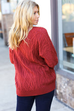 Load image into Gallery viewer, Fall Vibes Rust Cable Knit Lace Up V Neck Sweater