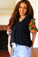 Load image into Gallery viewer, Eyes On You Black Floral Puff Sleeve V Neck Top