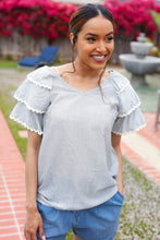 Load image into Gallery viewer, Lovely In Gray Stripe Tiered Ruffle Sleeve Ric Rac Trim Top