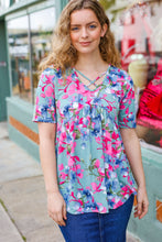 Load image into Gallery viewer, Sunny Days Light Teal Floral Criss Cross V Neck Babydoll Top