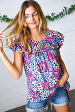 Load image into Gallery viewer, Navy Floral Print Frilled Short Sleeve Yoke Top