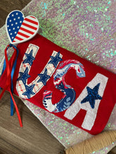 Load image into Gallery viewer, USA Star Mixed Fabric Handcrafted Applique Tee by White Stich