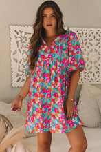 Load image into Gallery viewer, Sky Blue Floral Print Tie Split Neck Bubble Sleeve Babydoll Dress