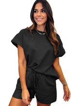 Load image into Gallery viewer, Black 2pcs Solid Textured Drawstring Shorts Set