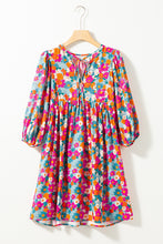 Load image into Gallery viewer, Sky Blue Floral Print Tie Split Neck Bubble Sleeve Babydoll Dress