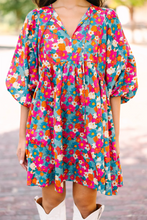 Load image into Gallery viewer, Sky Blue Floral Print Tie Split Neck Bubble Sleeve Babydoll Dress
